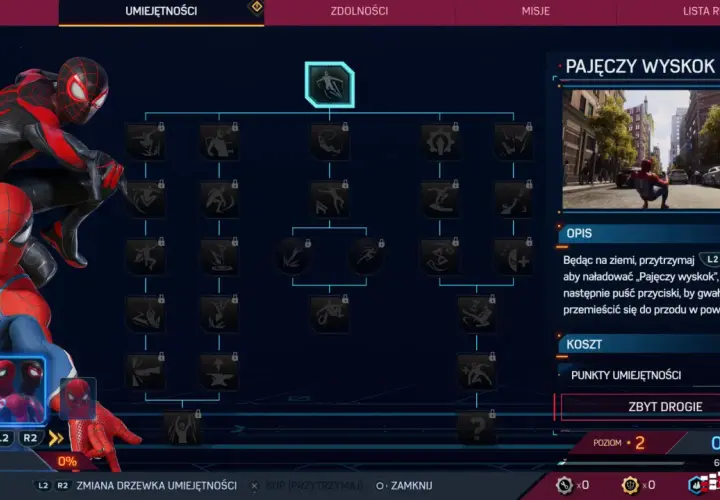 Drzewko umiejętności w grze Spider-Man 2. Miles Morales i Peter Parker prezentują nowe zdolności, w tym "Pajęczy wyskok".