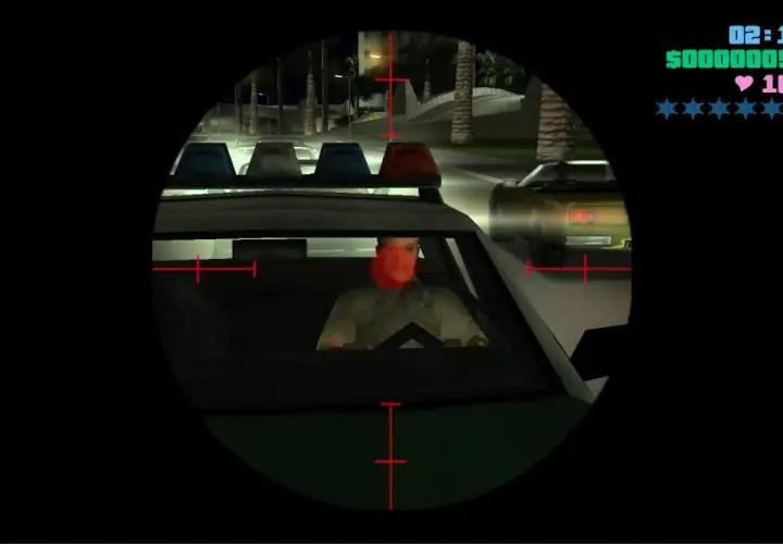 Celownik snajperski w GTA Vice City Online namierza policjanta. Nocna misja w Vice City.
