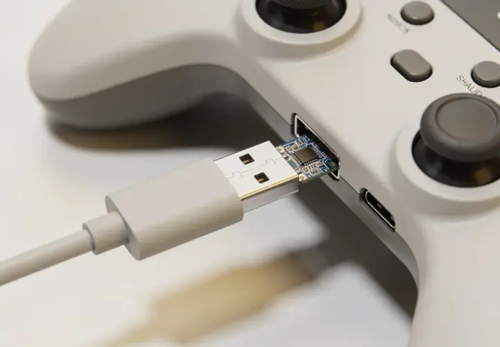 Szary kontroler Xbox z podłączonym kablem USB-C. Prosty sposób, jak podłączyć pada Xbox do PC.