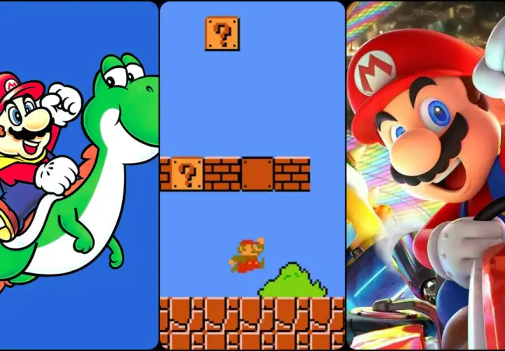 Mario na Yoshim, Mario w klasycznej odsłonie i Mario w wyścigówce. Cała seria Super Mario w jednym obrazku.
