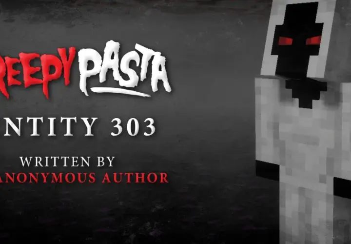 Postać z gry Minecraft, Entity 303, w białym stroju z czarną maską i czerwonymi oczami.