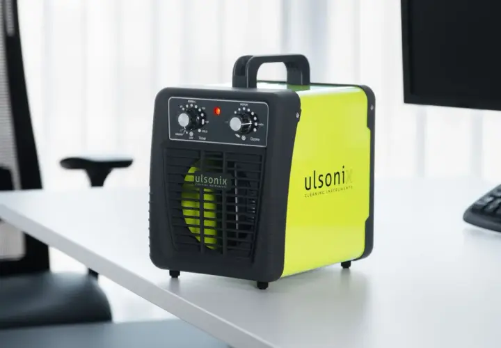 Nowoczesny ozonator Usonix, model project ozone 3, na biurku. Urządzenie do oczyszczania powietrza.