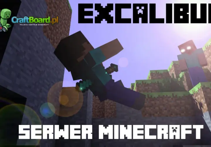 Steve z mieczem w ręku spada, a Herobrine czeka na szczycie. Grafika promuje serwer Minecraft "EXCALIBUR".