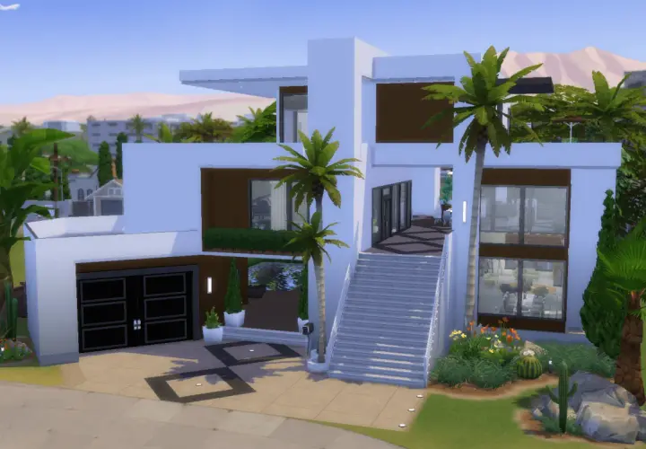 Nowoczesne domy w The Sims 4 bez dodatków, z basenem, palmami i kaktusami.