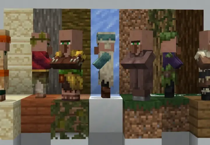 Siedem postaci wieśniaków z Minecrafta w różnych strojach i na różnych blokach.