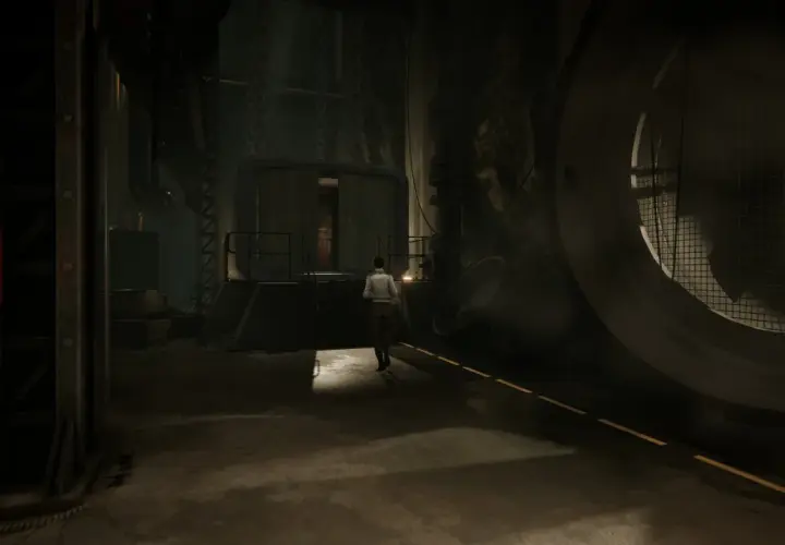 Kate Walker wchodzi do mrocznego, industrialnego pomieszczenia. Ten widok to fragment poradnika do Syberia 2.