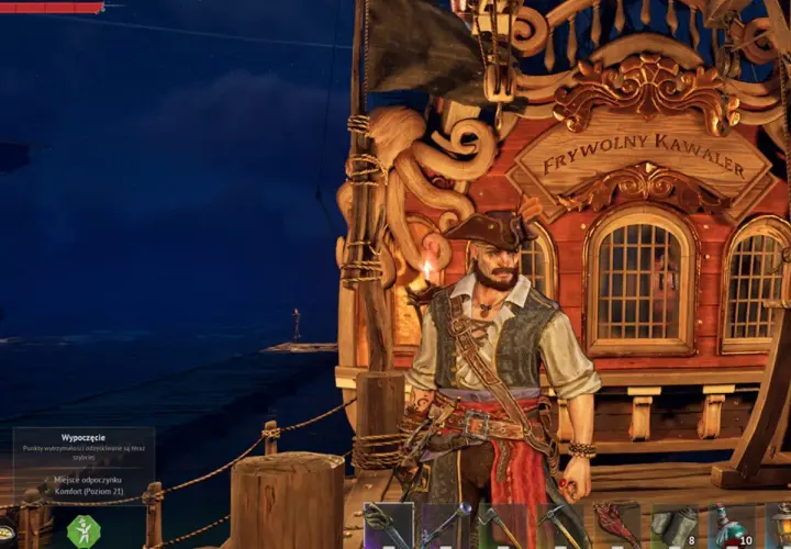 Kapitan statku "Frywolny Kawaler" w grze o piratach. Nocą na morzu, gotów do przygód.
