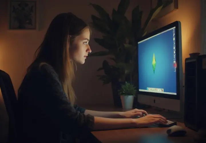 Dziewczyna gra w The Sims 4, skupiona na ekranie, gdzie widoczny jest symbol gry. Pewnie właśnie próbuje obracanie przedmiotów sims 4, by idealnie urządzić dom.