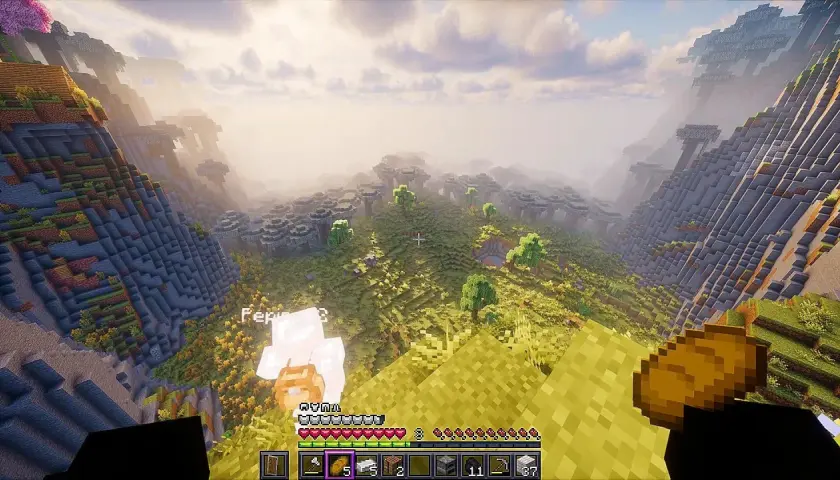 Widok z góry na dolinę w grze Minecraft. Gracz, Pepin, stoi na zboczu, a przed nim rozciąga się krajobraz z drzewami i budowlami. To lepsze mc!