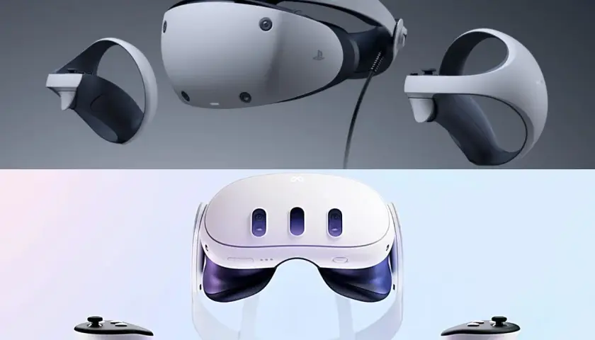 Gogle VR PS5 z kontrolerami, gotowe do zanurzenia w wirtualnej rzeczywistości.