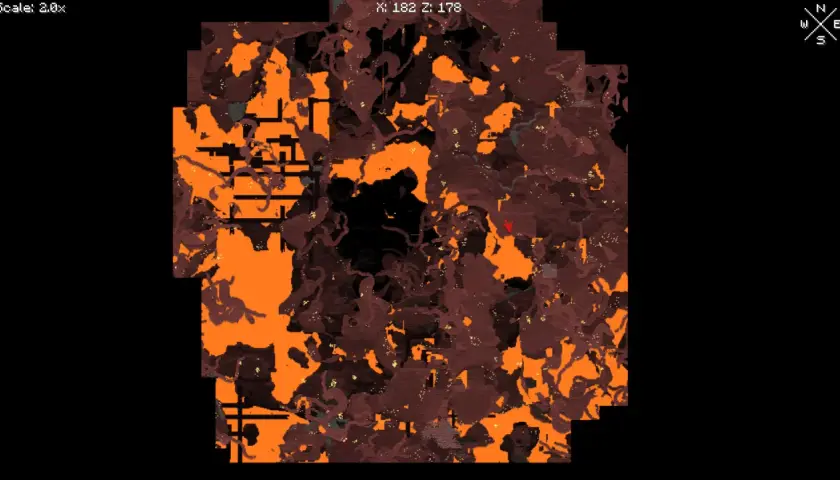 Mapa świata Xaero ukazuje podziemny krajobraz pełen lawy i ciemnych jaskiń.