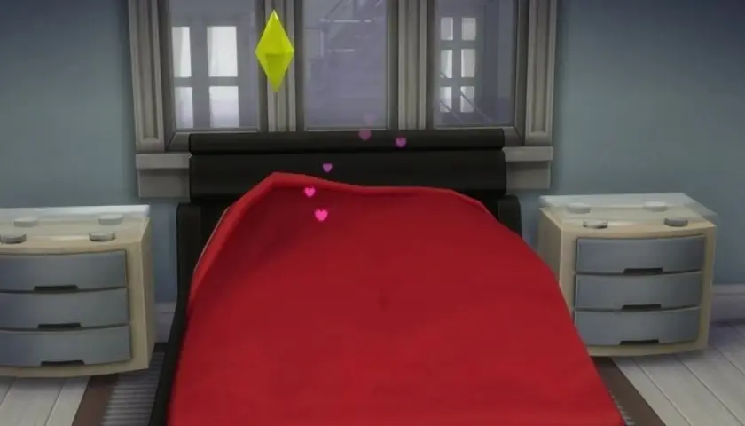 Łóżko w Sims 4 z różowymi serduszkami unoszącymi się nad czerwoną kołdrą, sugerujące romantyczne chwile dzięki modowi sims 4 woohoo mod.