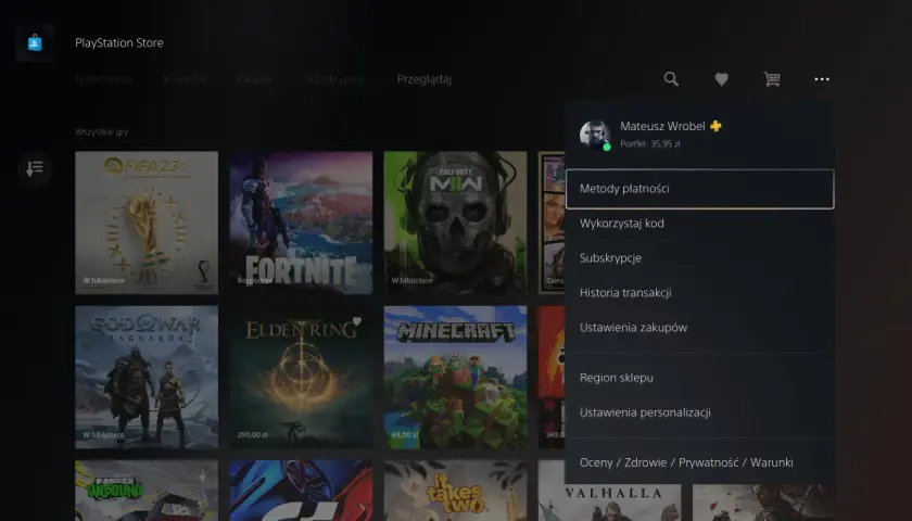 Menu PlayStation Store, opcja "Metody płatności" pod portfelem Mateusza. Dowiedz się, jak doładować portfel PS4.
