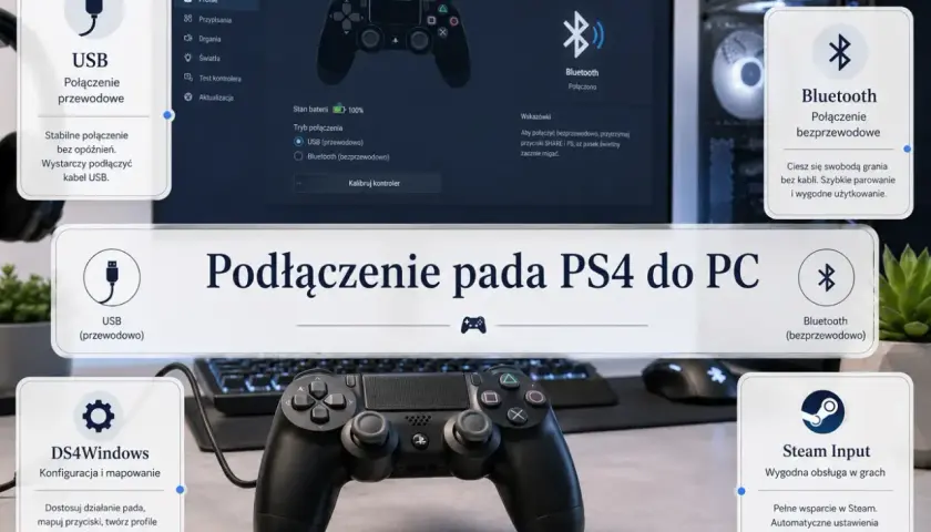 Jak podłączyć pada PS4 do PC: przewodowo przez USB dla stabilności lub bezprzewodowo przez Bluetooth. DS4Windows i Steam Input ułatwiają konfigurację.