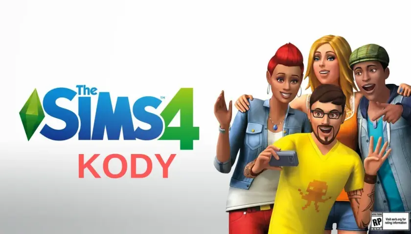 Grupa Simów pozuje do selfie, obok logo The Sims 4 i napisu "KODY".