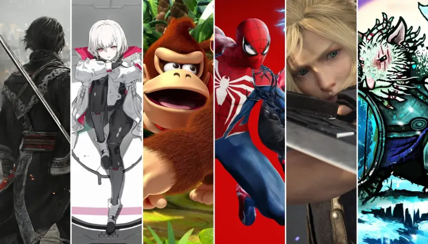 Nadchodzące gry na PS5: wojownik z mieczem, dziewczyna w białym stroju, Donky Kong, Spider-Man, Cloud Strife i tajemnicza postać w zimowej scenerii.