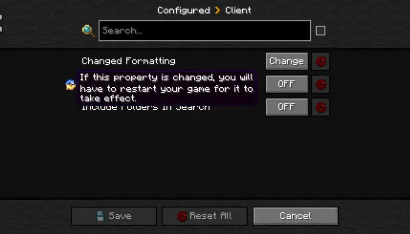 Konfiguracja Forge: API port. Zmiana tej opcji wymaga restartu gry.