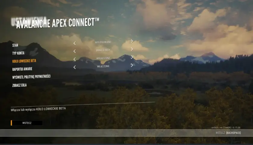 Menu gry z opcją "Koło Łowieckie Beta". Tytuł "Avalanche Apex Connect" nad krajobrazem górskim. The hunter awaits.