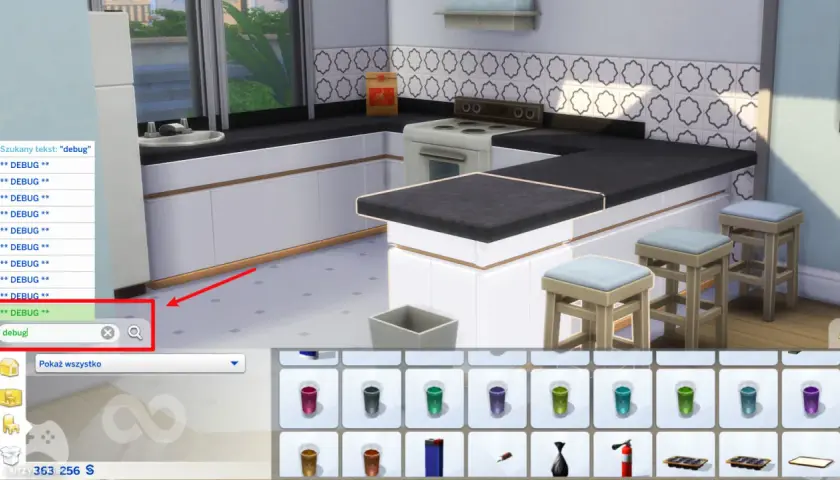 Wpisanie "debug" w wyszukiwarkę przedmiotów w The Sims 4, aby znaleźć ukryte obiekty. Kuchnia w tle.