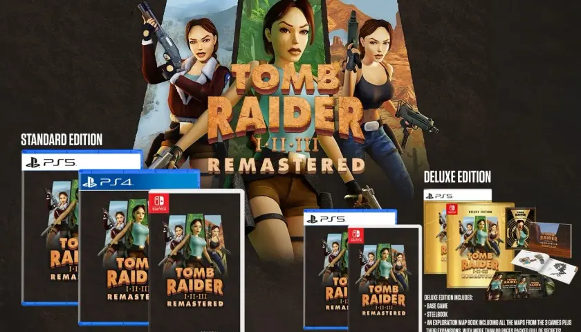 Lara Croft w trzech odsłonach, okładki gier Tomb Raider I-III Remastered na PS5, PS4 i Switch. Edycja Deluxe zawiera dodatki.