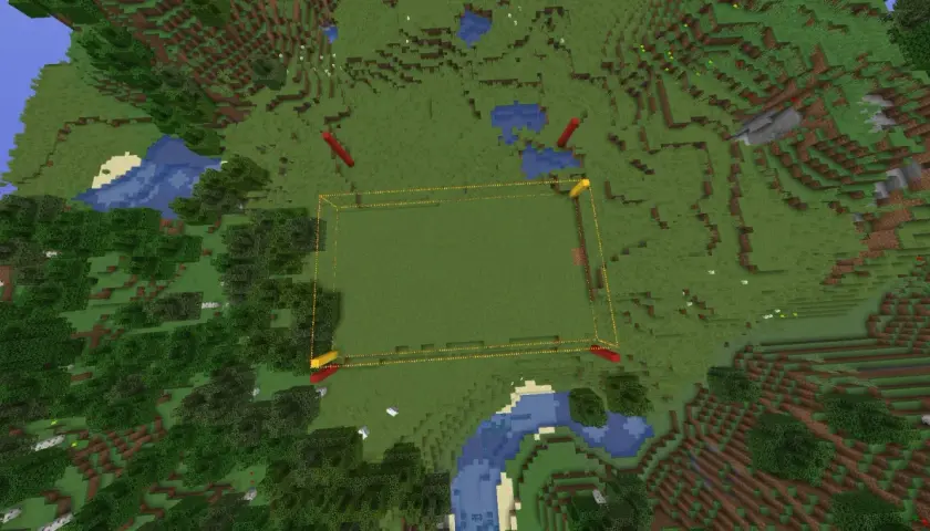 Obszar zaznaczony do edycji w Minecraft. Użycie world edit komendy pozwala na szybkie zmiany terenu.