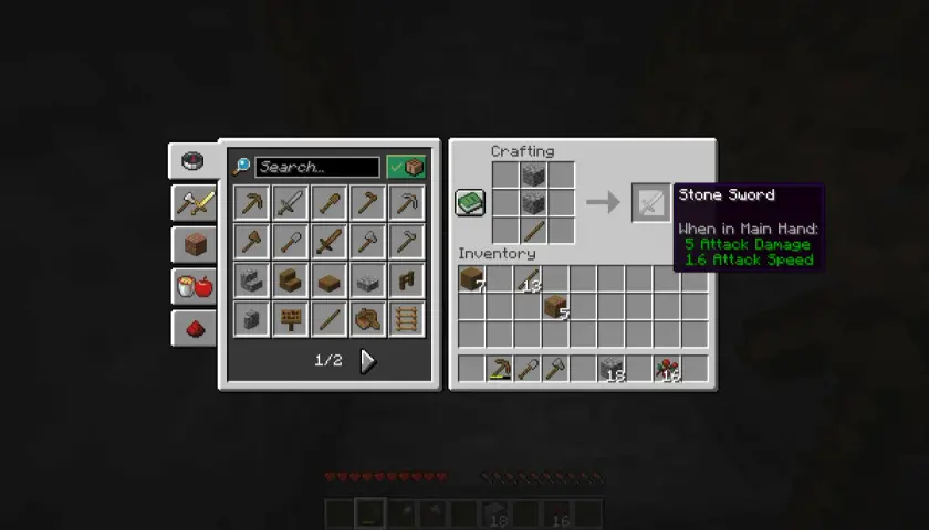Gracz w grze Minecraft używa craftingu do stworzenia kamiennego miecza.