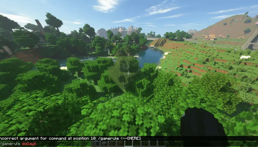 Piękny krajobraz w Minecraft, idealny do nauki, jak zrobić dzień w mc. Widać rzekę, las i wzgórza.