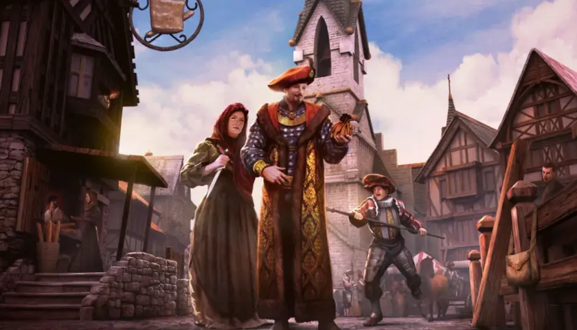 Postacie z gry The Guild 3 na tle średniowiecznego miasta. Bogato odziany mężczyzna trzyma sakiewkę, obok niego kobieta z nożem, a z tyłu chłopiec w zbroi.