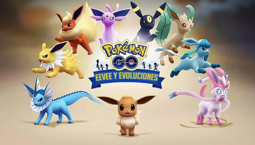 Eevee i jego ewolucje z Pokémon GO: Vaporeon, Jolteon, Flareon, Espeon, Umbreon, Leafeon, Glaceon i Sylveon.