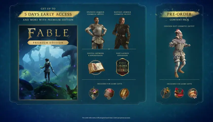 Fable 4 Premium Edition: wczesny dostęp, stroje, artbook, ścieżka dźwiękowa i rozszerzenie. Pre-order zawiera strój kurczaka.