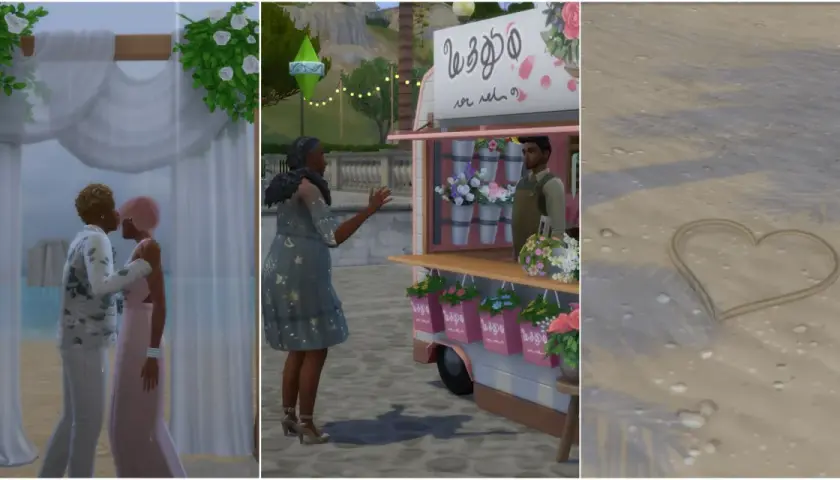 Ślub w Sims 4: pocałunek pod baldachimem, zakup kwiatów na targu i serce na piasku.