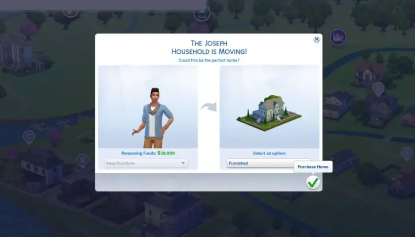 Wybór domu dla rodziny w The Sims 4. Czy to będą darmowe parcele? Gracz ma 18 000 simoleonów.