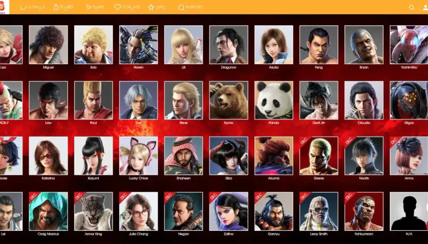 Galeria postaci z Tekken 7: Leo, Miguel, Bob, Raven, Lili, Dragunov, Asuka, Feng, Bryan, Yoshimitsu, JACK-7, Law, Paul, Lee, Steve, Kuma, Panda, Devil Jin, Claudio, Gigas, Josie, Katarina, Kazumi, Lucky Chloe, Shaheen, Eliza, Akuma, Geese, Noctis, Anna...