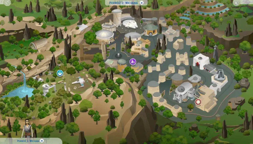 Mapa z gry The Sims 4 Wyprawa na Batuu. Widok z lotu ptaka na planetę z budynkami, drzewami i wodospadem.
