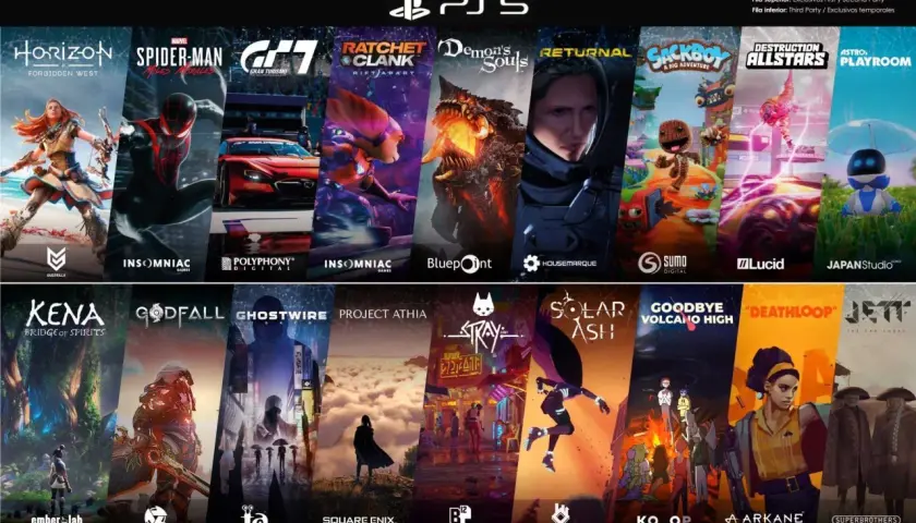 Kolekcja gier na PS5: Horizon, Spider-Man, Gran Turismo, Ratchet & Clank, Demon's Souls, Returnal, Sackboy, Destruction Allstars, Astro's Playroom, Kena, Godfall, Ghostwire, Project Athia, Stray, Solar Ash, Goodbye Volcano High, Deathloop, Jett.