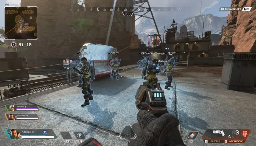 Gracze w grze battle royale Apex Legends otoczeni przez klony.