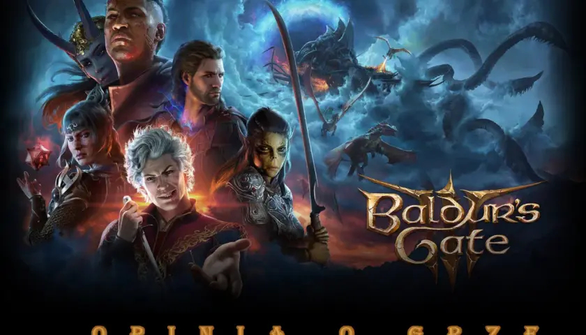 Postacie z Baldur's Gate 3 na tle smoków i chmur. To świetny poradnik dla graczy!