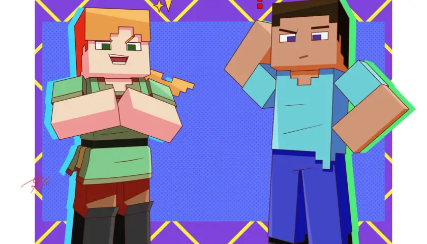 Alex z Minecrafta, z pomarańczowymi włosami i zieloną koszulką, cieszy się, podczas gdy Steve z niebieską koszulką drapie się po głowie z pytajnikiem nad nim.