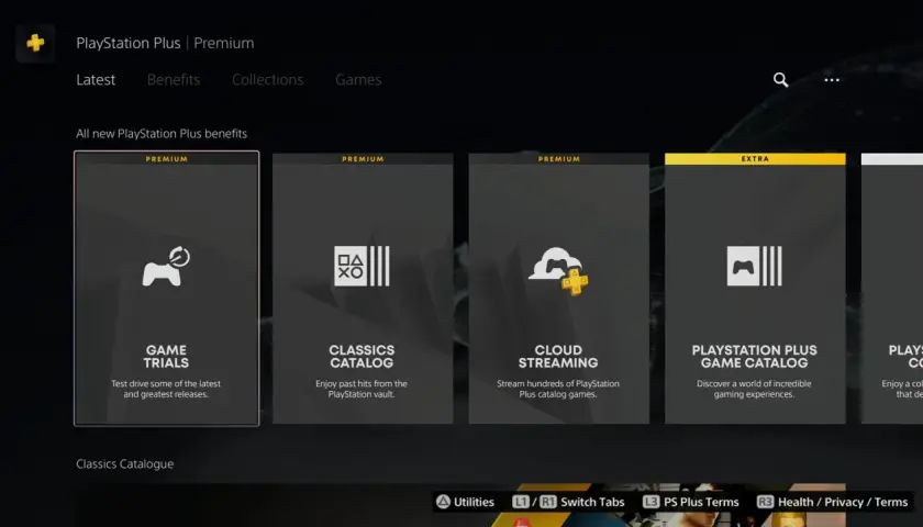 Menu PlayStation Plus Premium z opcjami: Game Trials, Classics Catalog, Cloud Streaming, PlayStation Plus Game Catalog. Dostępne ps plus gry.