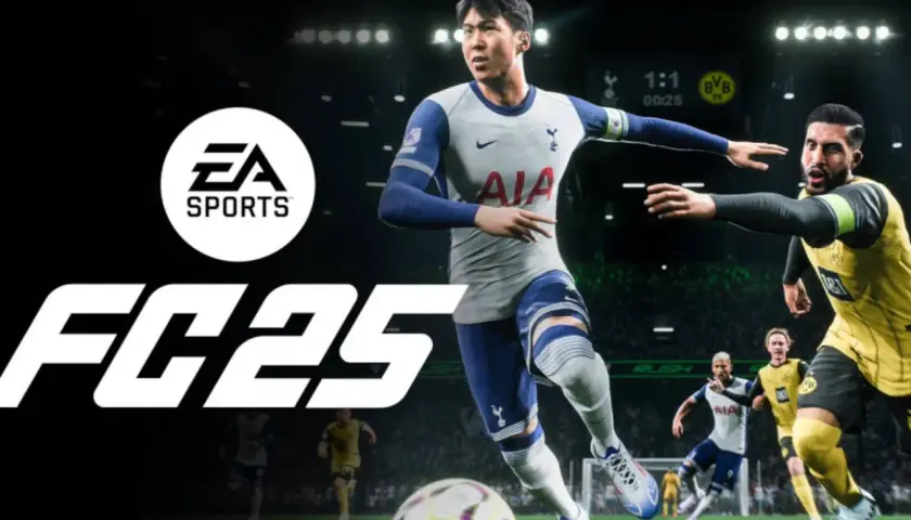 EA SPORTS FC 25 na PS4. Dynamiczna akcja na boisku, piłkarze w akcji, logo gry i EA SPORTS.