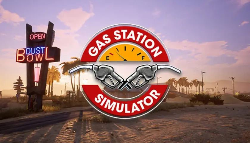 Logo Gas Station Simulator z neonowym znakiem "Dust Bowl" i pustynnym krajobrazem.