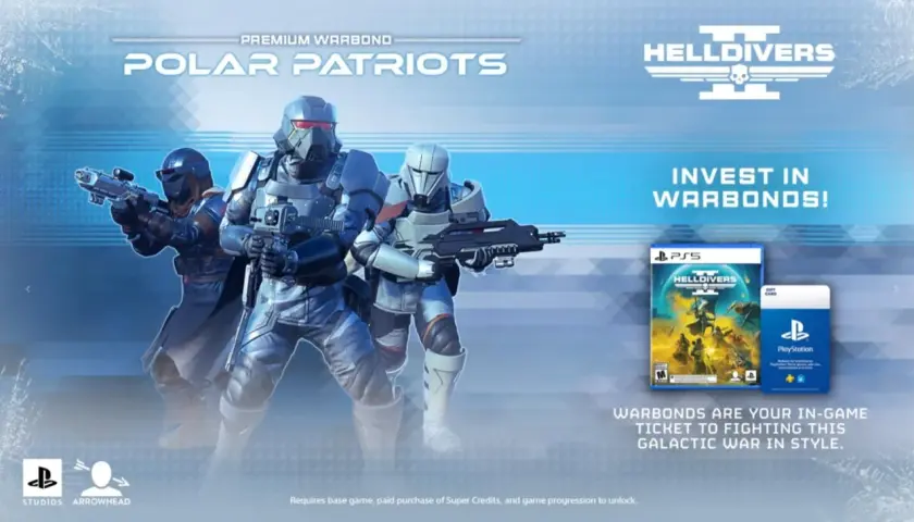 Trzej żołnierze w zbrojach z gry Helldivers 2, pudełko z grą i karta podarunkowa PlayStation.