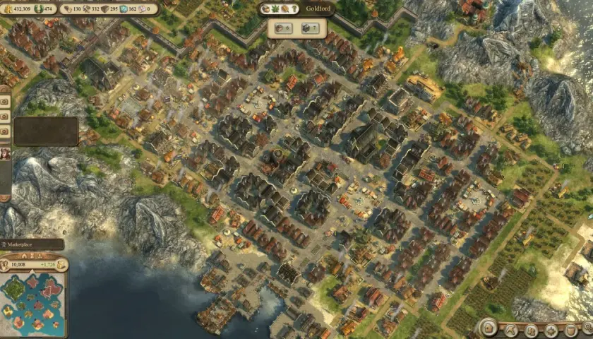 Anno 1404 poradnik: rozbudowana osada z kamiennymi budynkami, placami i polami uprawnymi nad brzegiem morza.