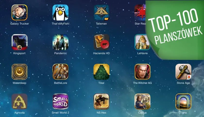 Ikony gier planszowych na tablecie, w tym "Pandemic", "Small World 2" i "The Witcher AG". Idealne na najlepsze gry na tablet.