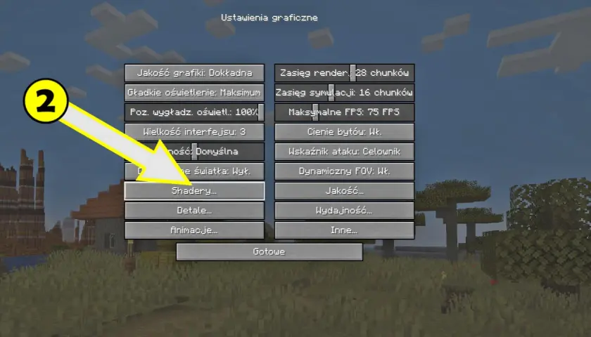 Ustawienia graficzne w Minecraft z Optifine 1.20.1, gdzie zaznaczono opcję "Shadery...".