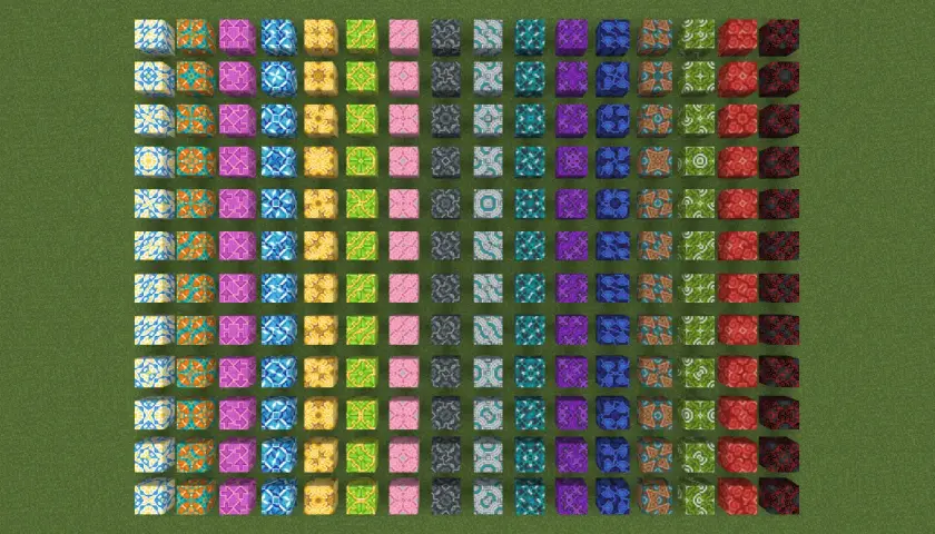 Kolekcja bloków z wzorami w Minecraft, idealna do stworzenia własnej terakoty.