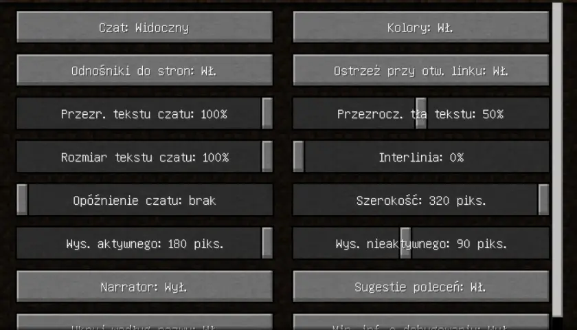 Ustawienia czatu w Minecraft. Widoczny przycisk "Narrator: Wył.", który pozwala dowiedzieć się, jak wyłączyć narratora w MC.