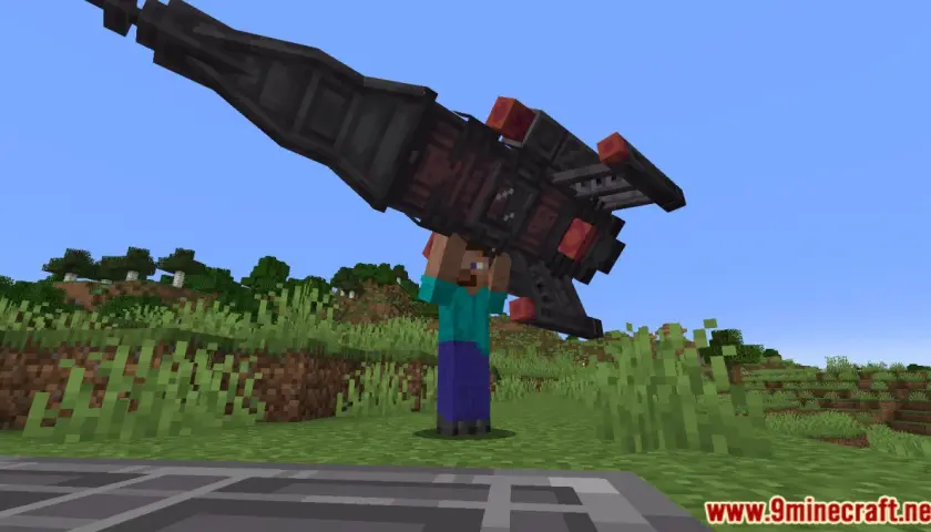 Steve z Minecrafta podnosi rakietę z modu ad astra.