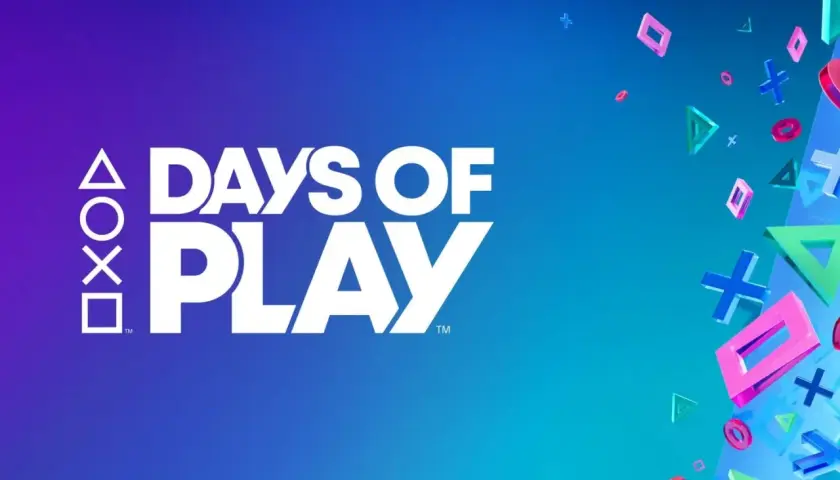 Białe logo "DAYS OF PLAY" na tle gradientu fioletowo-niebieskiego. Po prawej stronie unoszą się kolorowe przyciski PlayStation.
