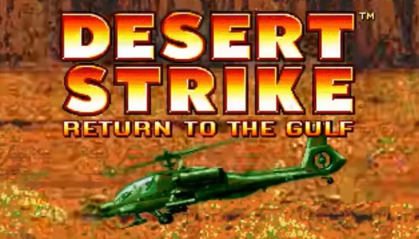 Napis "DESERT STRIKE RETURN TO THE GULF" nad zielonym helikopterem bojowym. Gra zapowiada pustynny atak.